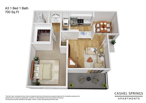 Floor plan for 1 bed, 1 bath, 700 sqft